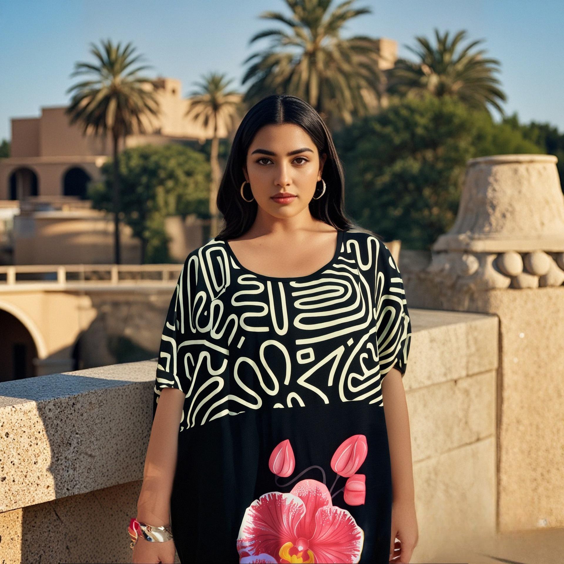 

Европейская и американская атласная абая больших размеров: Круглый вырез, Длинная длина, Принтованный дизайн One Size персиковый/цветочный