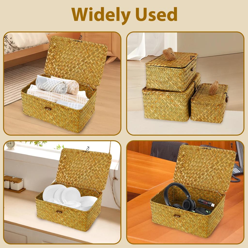 3Pcs Natural Storage Basket with Lid Stackable Large Seagrass Basket Organizer Bins For Home Kitchen Grocery Storage Container