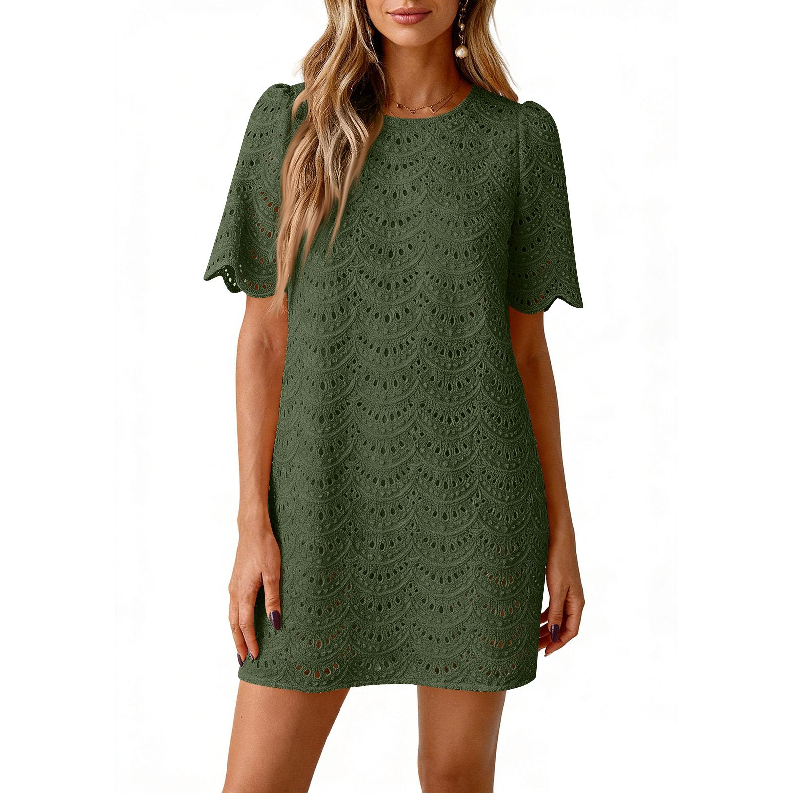 

Summer Casual Short Dresses Embroidered Lace Short Sleeve Boho Dress Beach Vacation Clothes L армия зеленый