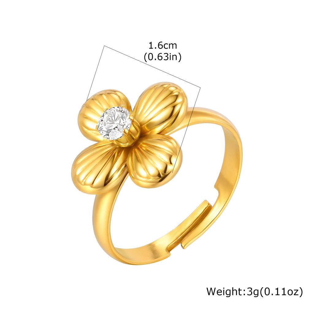 Open Adjustable Flower Ring, Stainless Steel 18K PVD Gold Plated, Waterproof Tarnish Free Trendy Floral Jewelry Gift for Women