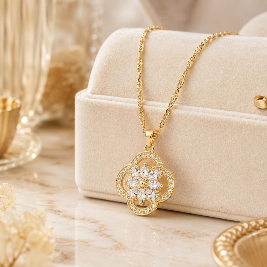 Trendy Four-Leaf Clover Zircon Pendant Necklace, 18K Gold-Plated Copper