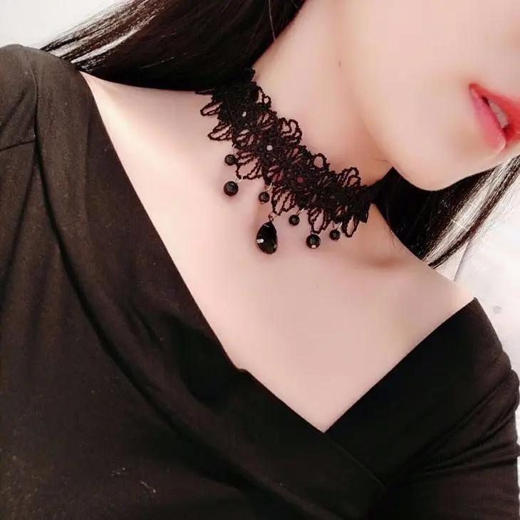 Women Girls Gothic Black Lace Necklace Boho Crystal Sexy Halloween Party Lace Necklace чёрный