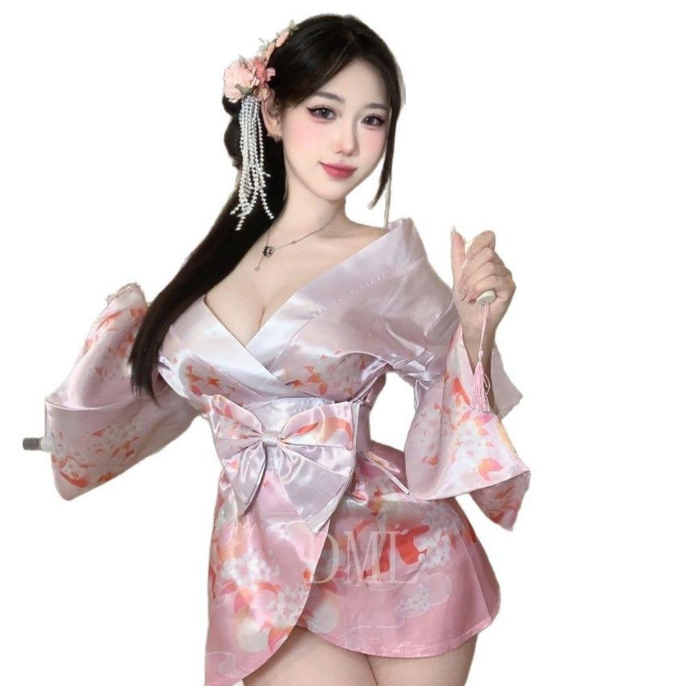 Domila Seductive Lingerie Sexy Deep V Flower Fox Dream Two-dimensional Open Placket Japanese Kimono Uniform Set