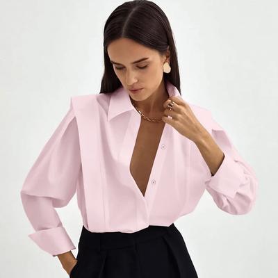 Ladies Spring Summer French Right Angle Shoulder Slimming Long Sleeve Solid Color  All Match White Shirt Top