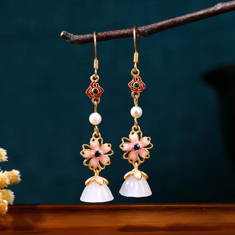 Gold-Plated Imitation Jade Lotus Pod Blooming Wealth Earrings - Ancient Chinese Style