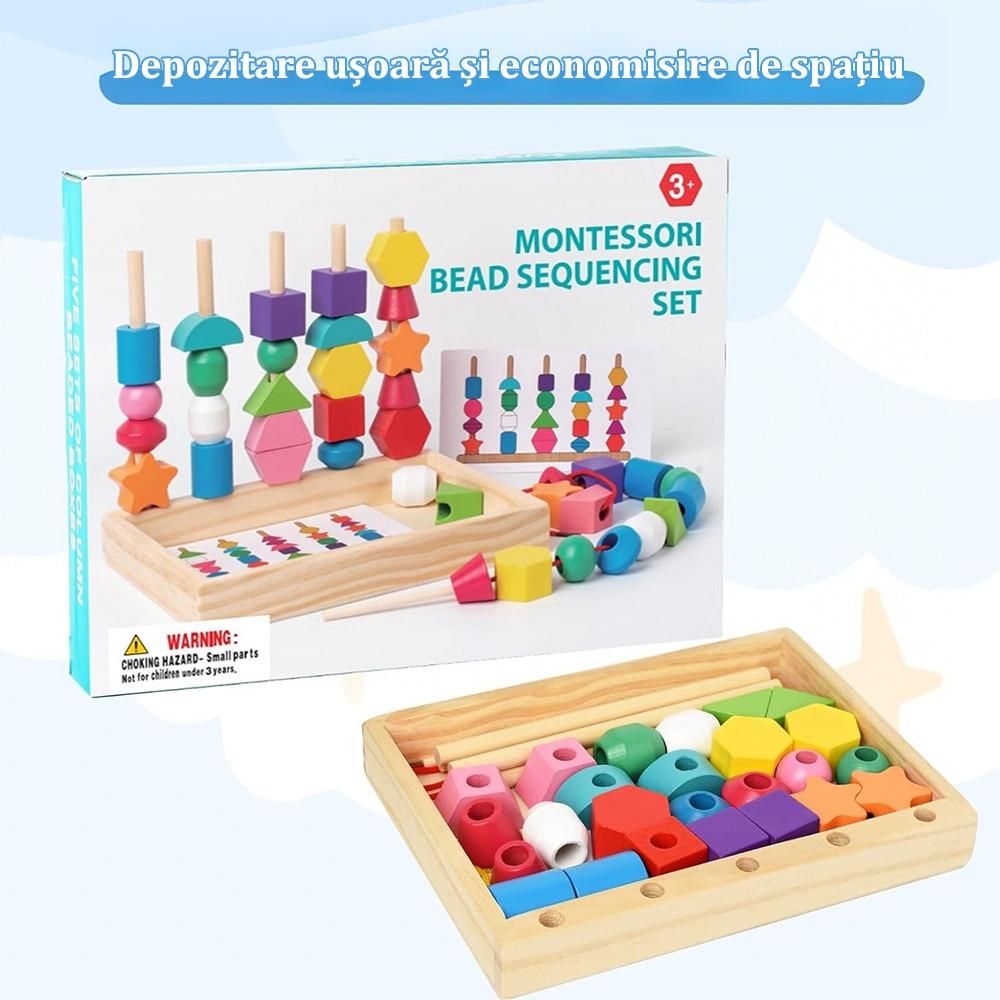 Montessori Bead Sequencing Set, Wooden Bead Toys for Toddlers, Color Matching Shape Stacker, Educational Toys for Preschool Learning Ages 2-5