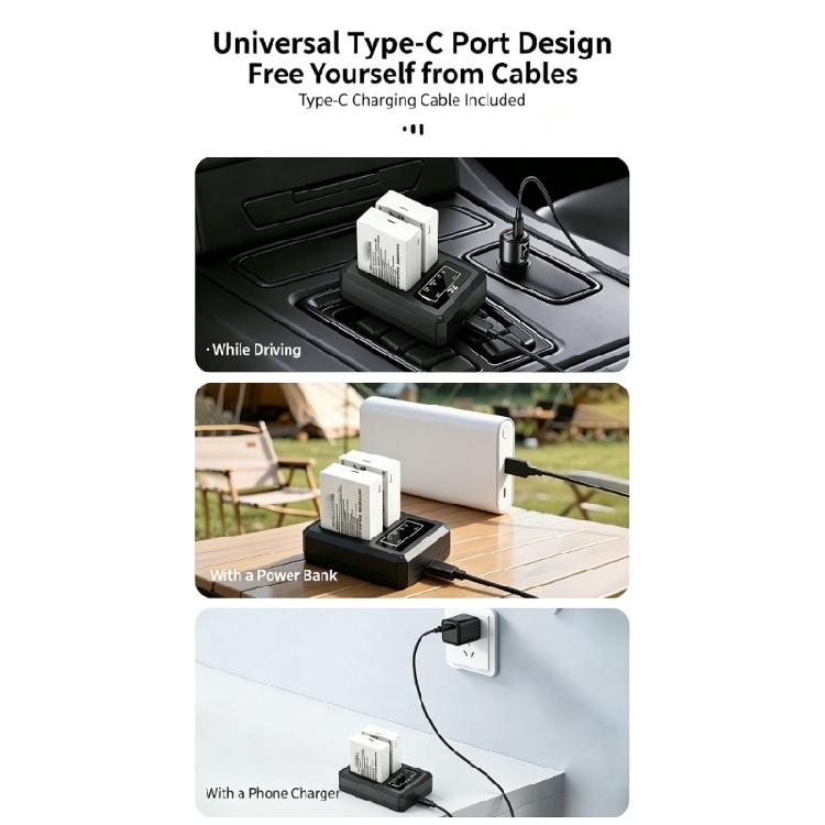 Camera Battery Charging Dock Featuring Two Distinct Bay Positions, a Front Display and 25/50/75/100 Status Numerals on a Black Charger Body