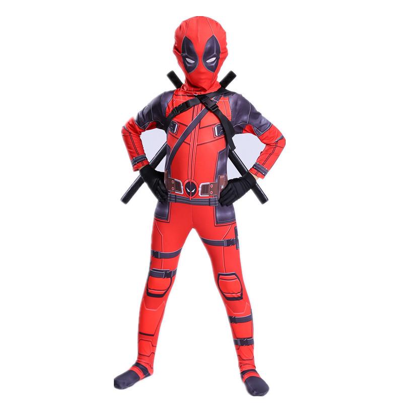 Children's Deadpool Costume with Jumpsuit, Sword, Pouch, and Accessories Set for Halloween.