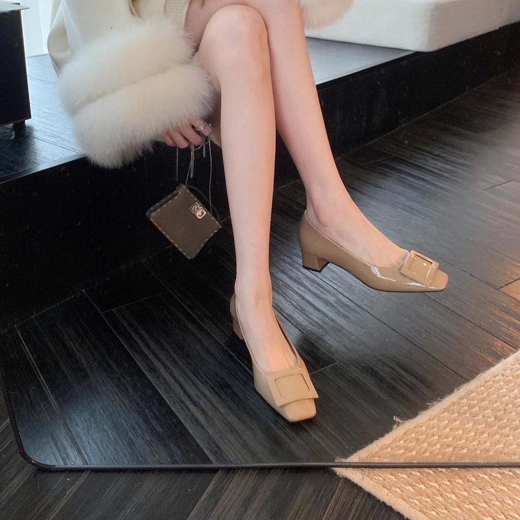 Grape Mom Seattle Night~ Spring Square Buckle Commuter Thick Heel Light Mouth High Heel Shoes Square Head Temperament Medium Heel Single Shoes
