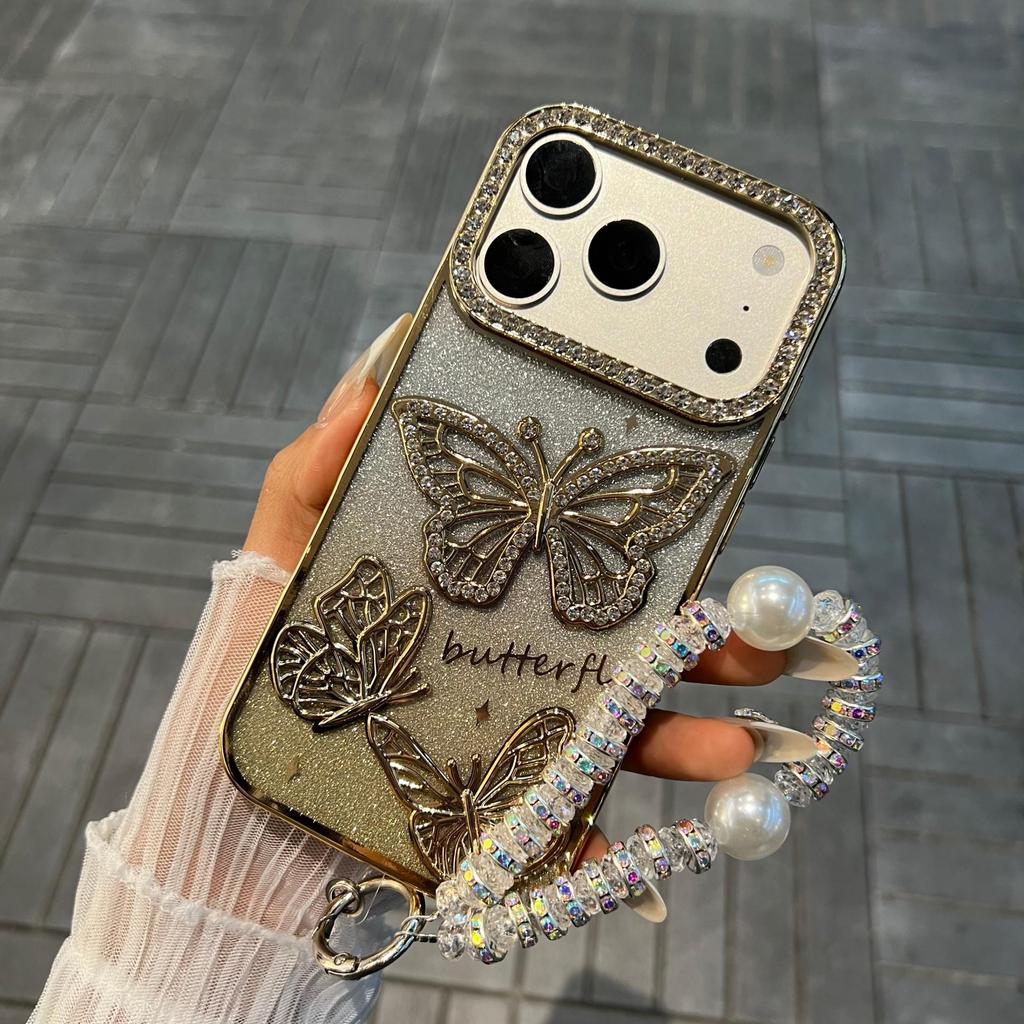 Apple 17Pro Case: Electroplated 3D Butterfly Rhinestone Design, Glitter Anti-fall Soft Cover for iPhone16.