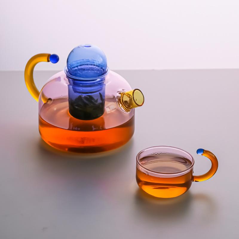 Colorful Heat-Resistant Glass Teapot And Tea Cup Set with Tea Infuser - Durable Glass Teaware Kettle for Brewing Tea