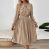 Elegant Pleated Skirt Dress with Bow Tie Collar and Puff Sleeves