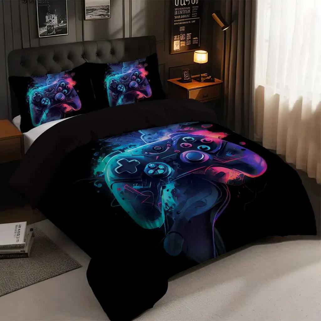 3pcs Game Controller Pattern Bedding Set 1 Duvet Cover and 2 Pillowcases for Teenagers and Adult's Bedroom Birthday Gift
