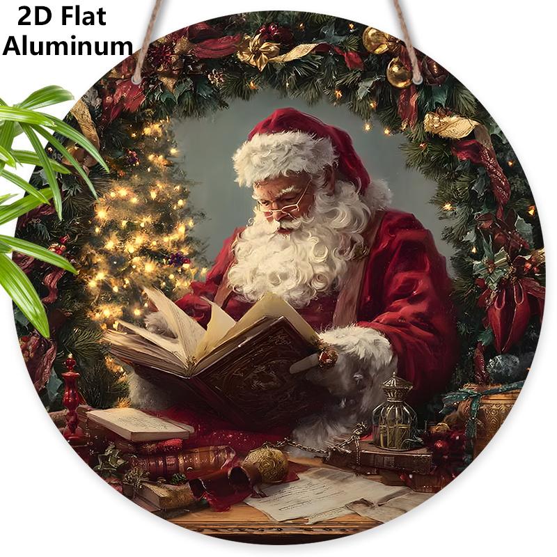 

2D Flat Aluminium Christmas Sign with Santa Claus Pattern - Navidad Figurine Ornaments - Ideal for Front Door, Wall, Porch, Fence Decor - Ideal 7.87×7.87inch