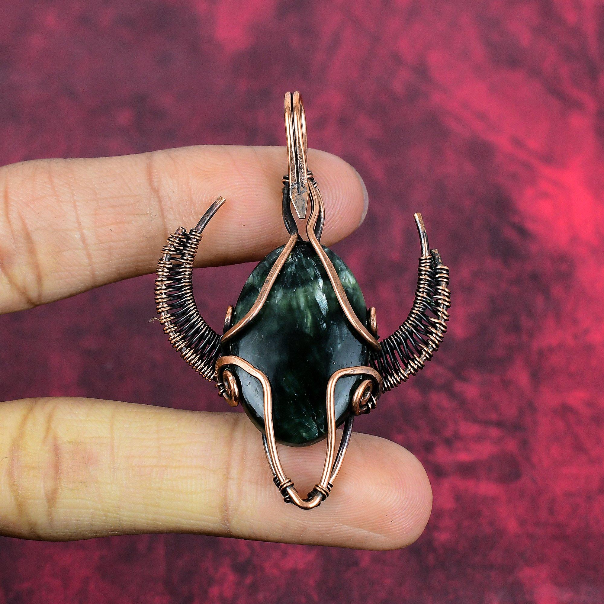 Seraphinite pendant copper wire wrapped pendant handmade gemstone pendant bull face shape pendant copper wire wrap jewelry engagement gifts