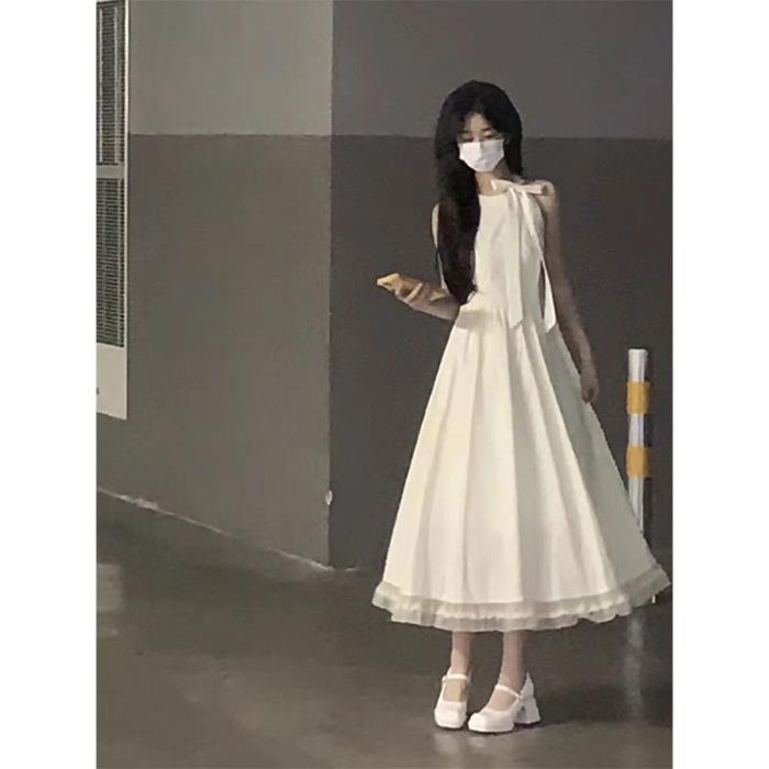 First love little white dress sweet college style waist bow neck dress summer new female student dating dress S