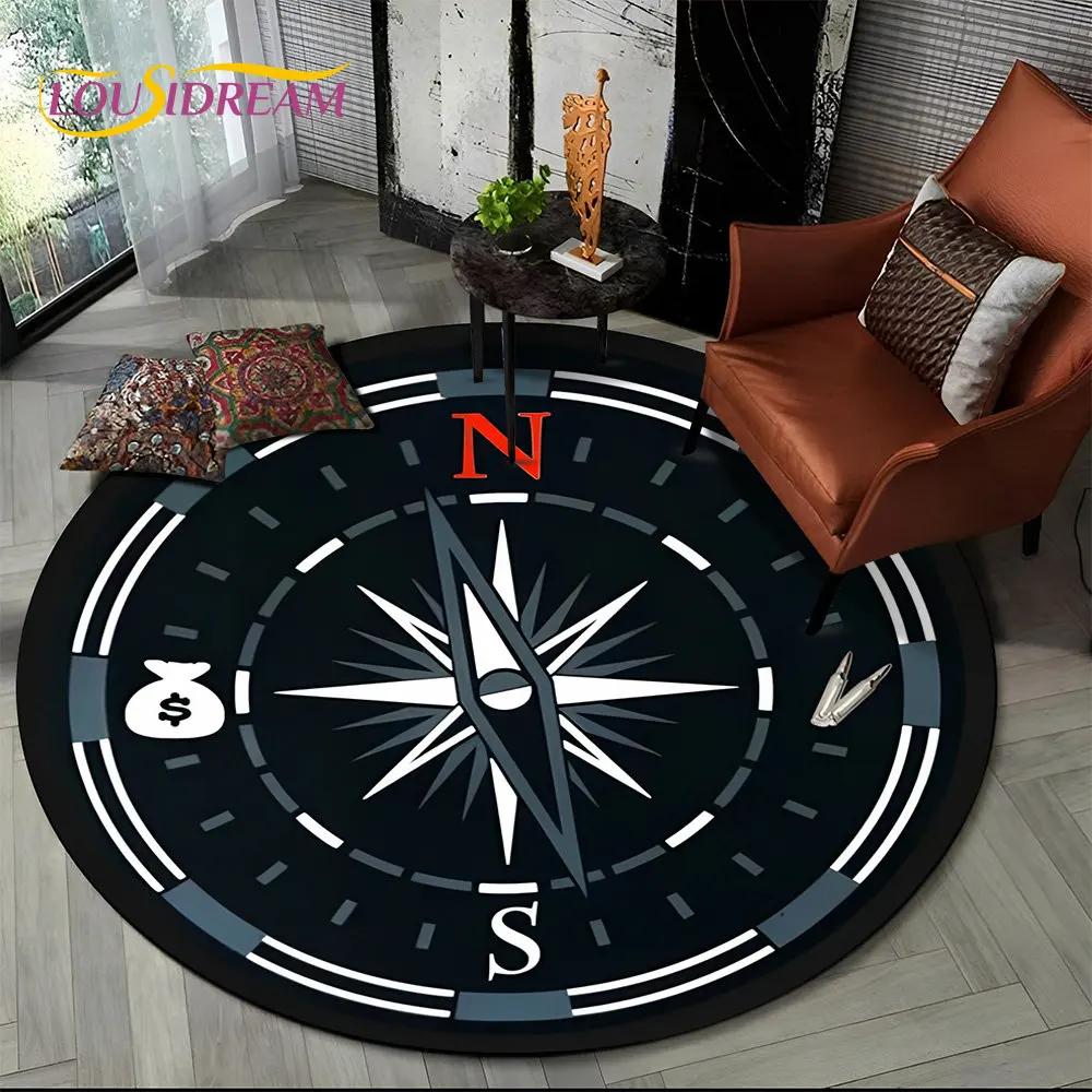 3D Retro Kompass Serie Kreis Teppich,Runder Teppich für Wohnzimmer Schlafzimmer Sofa Fußmatte Dekor Rutschfeste Bodenmatte Geschenk