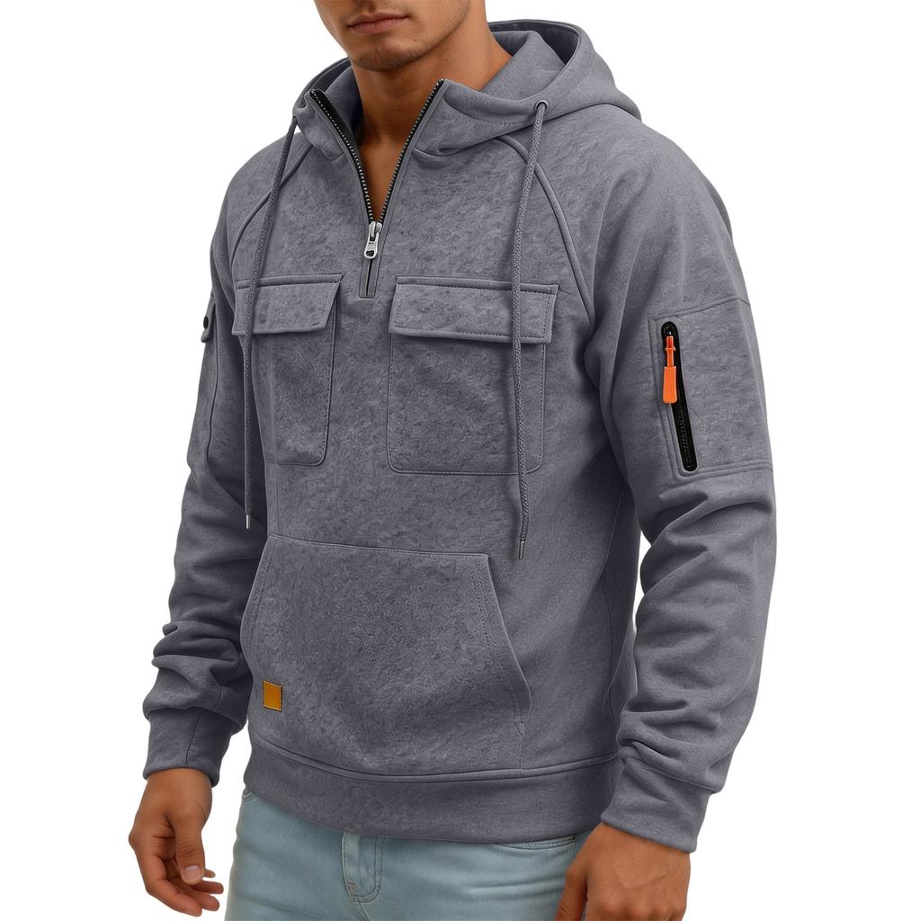 Men's Quarter-Zip Cargo Hoodie with Multi-Pockets Casual Sweatshirt for Everyday Wear