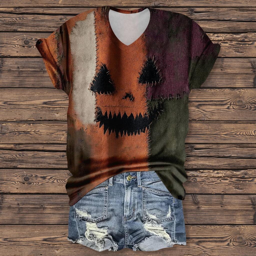 Women's Fashion Casual Three-quarter Sleeve Halloween Letters,  Face Print Top