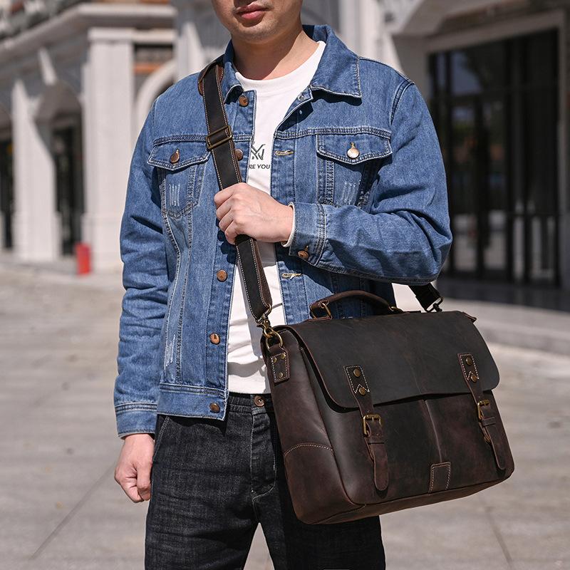 Crazy Horse Leder Aktentasche Retro Leder Handtasche 16 Zoll Pendler Computertasche Herren Schulter Messenger Bag