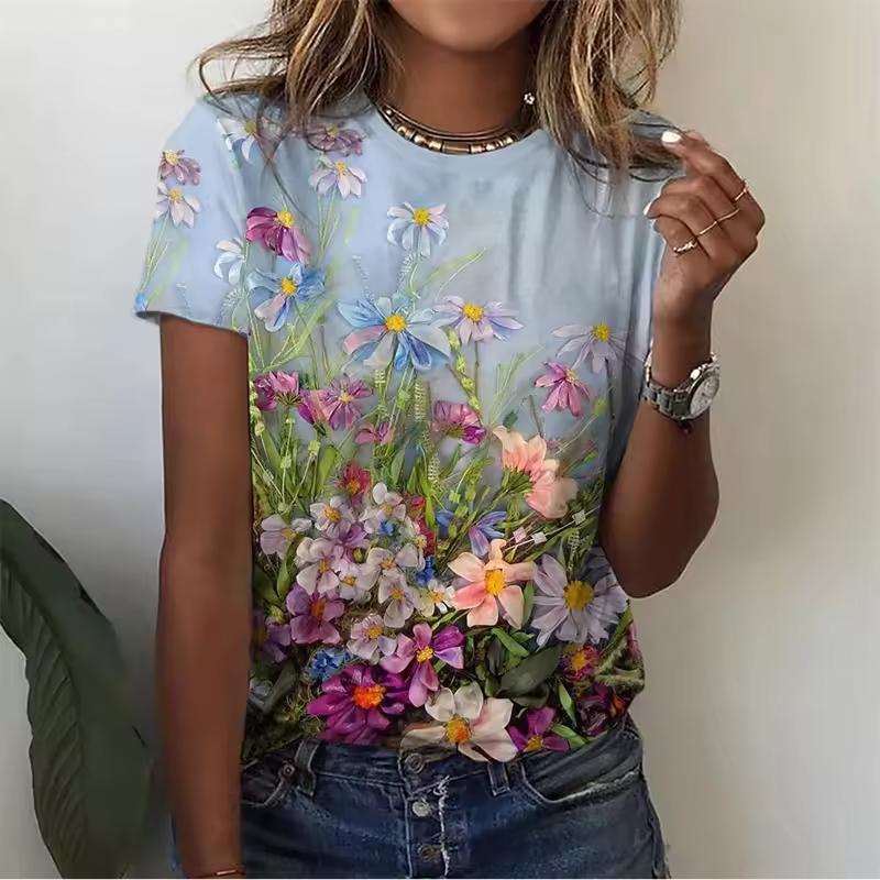 3D Printed Flower Plants T Shirt For Women Exquisite Graphic Short Sleeves Summer Street O-Neck Tees Tops Loose T-Shirts