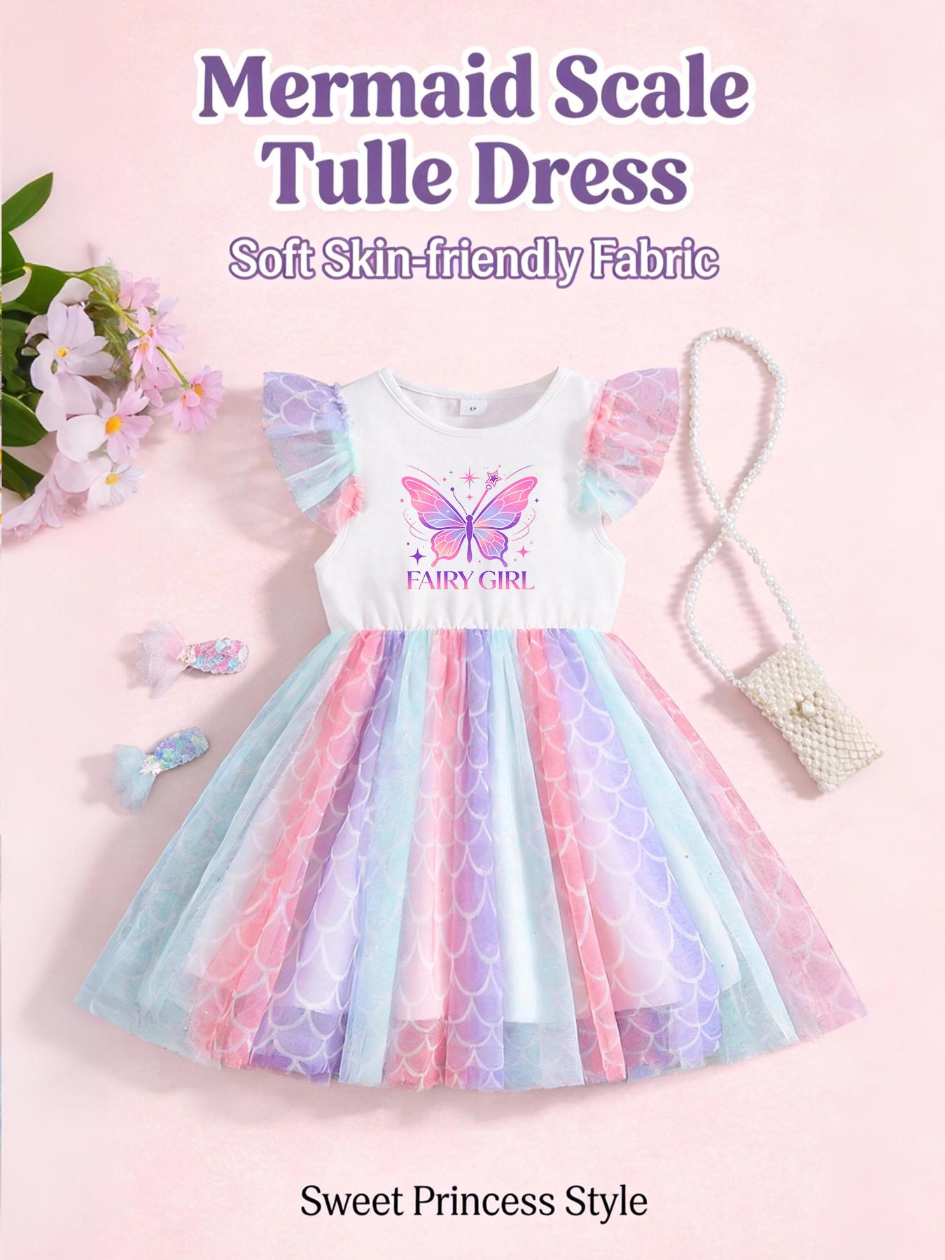 Trendy Multi-color Girls Mermaid Scale Tulle Princess Dress,Butterfly Pattern Ruffle Sleeve Casual Dress 4Y разноцветный