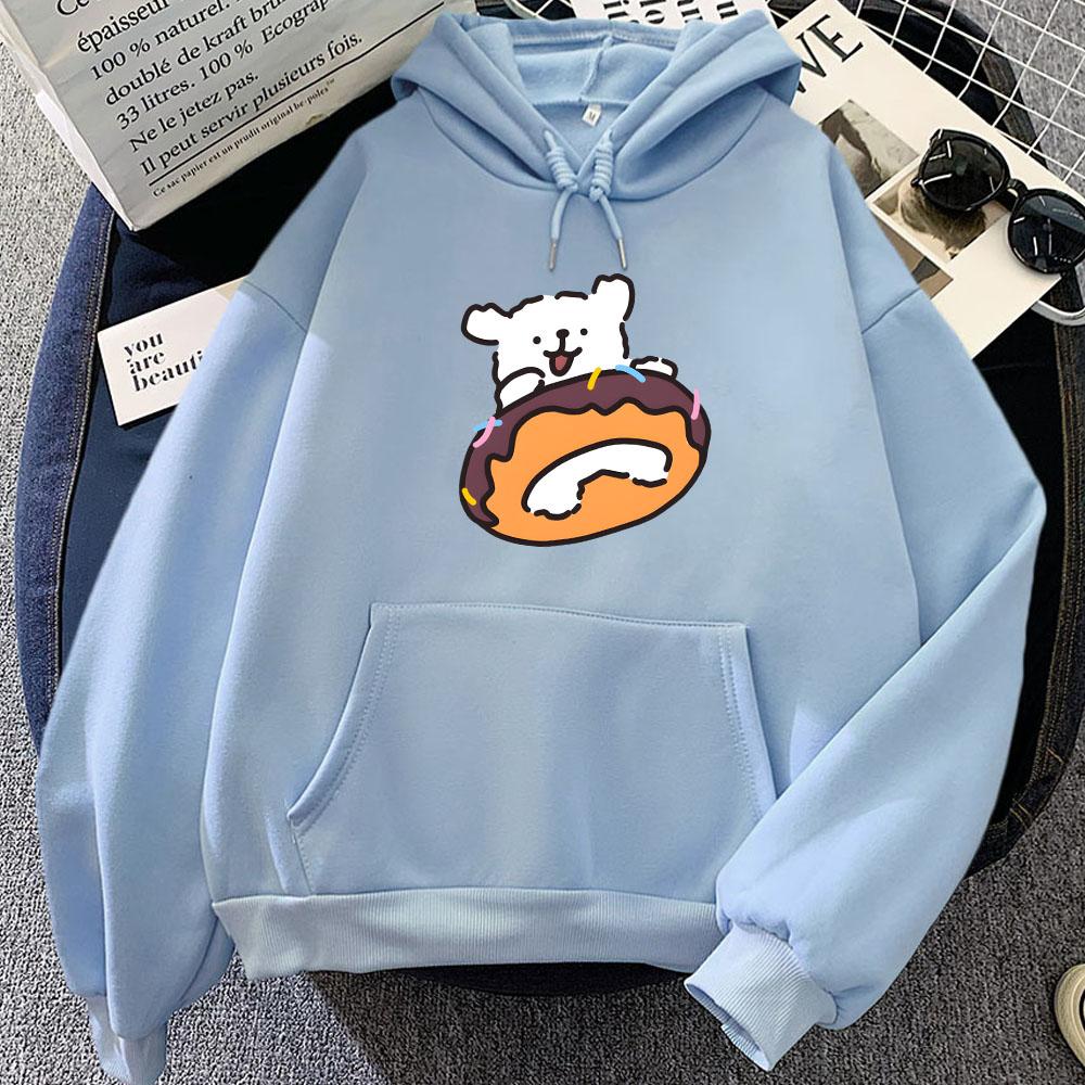 Puppy Maltese Dog Doughnut Printing Hoodies Long Sleeve Winter Fleece Hooded Sweatshirts Kawaii Cartoon Print Women Pullovers