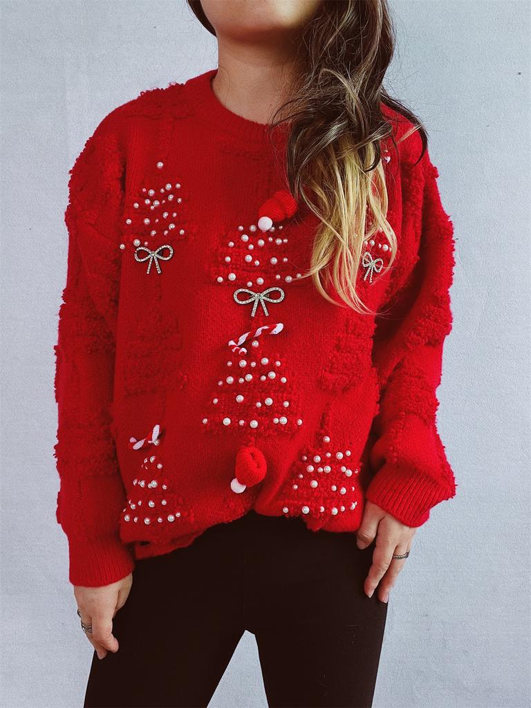 Solid color handmade pearl Christmas three-dimensional decoration plush New Year sweater Christmas sweater 3612 EMA