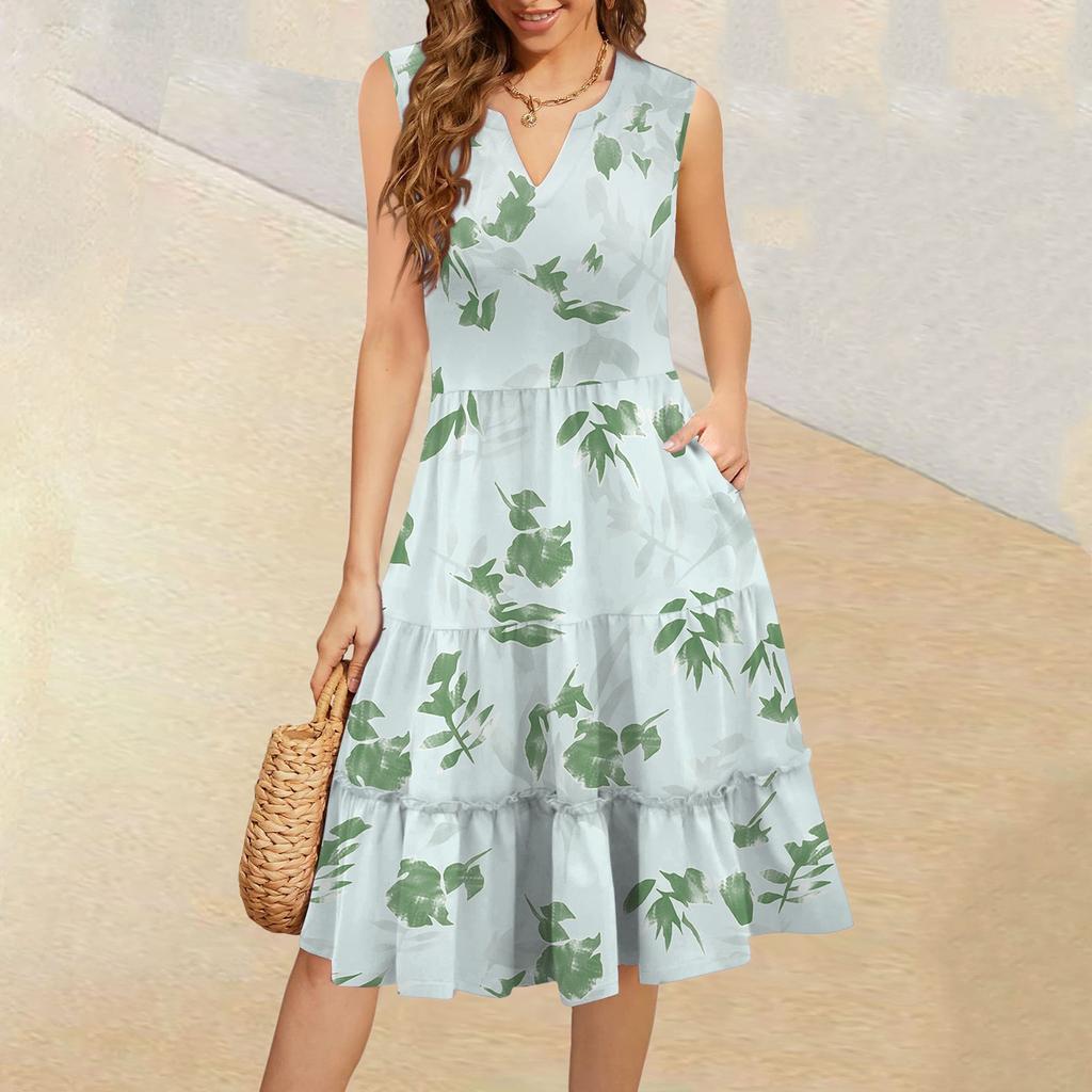 Dámské letní ležérní plisované šaty s volánky ve vintage květinovém stylu s výstřihem do V a bez rukávů