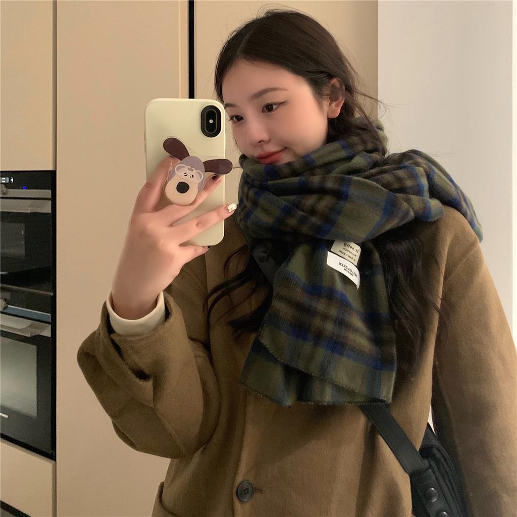 Retro Green Plaid Scarf for Women Winter Korean Version Versatile Thickened Student Shawl Dual Purpose Warm Knitted Scarf