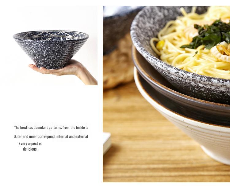 Japanese Ceramic Ramen Bowl Set: Large Retro Conical Hat Design Soup & Noodle Bowl with Plate