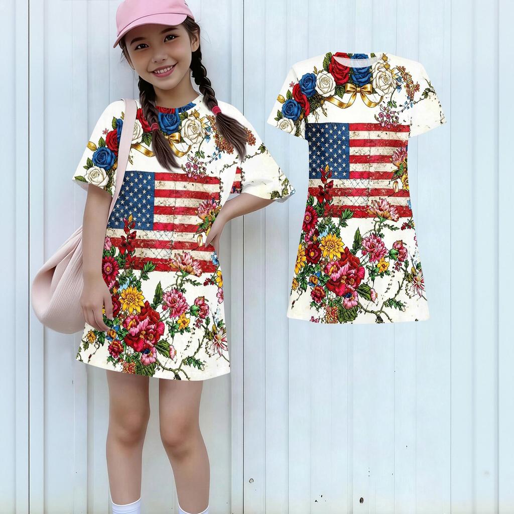 Girls Independence Day Print Casual Dress Kids Loose Round Neck Short Sleeve Thin Sundress