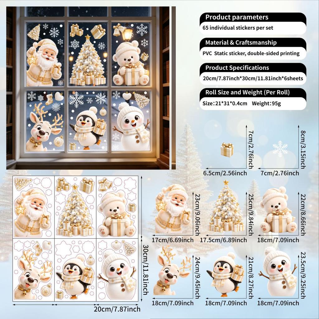 Christmas Window Clings, PVC Static Double-Sided Stickers with Snowflakes and Winter Character Designs for Glass Decor