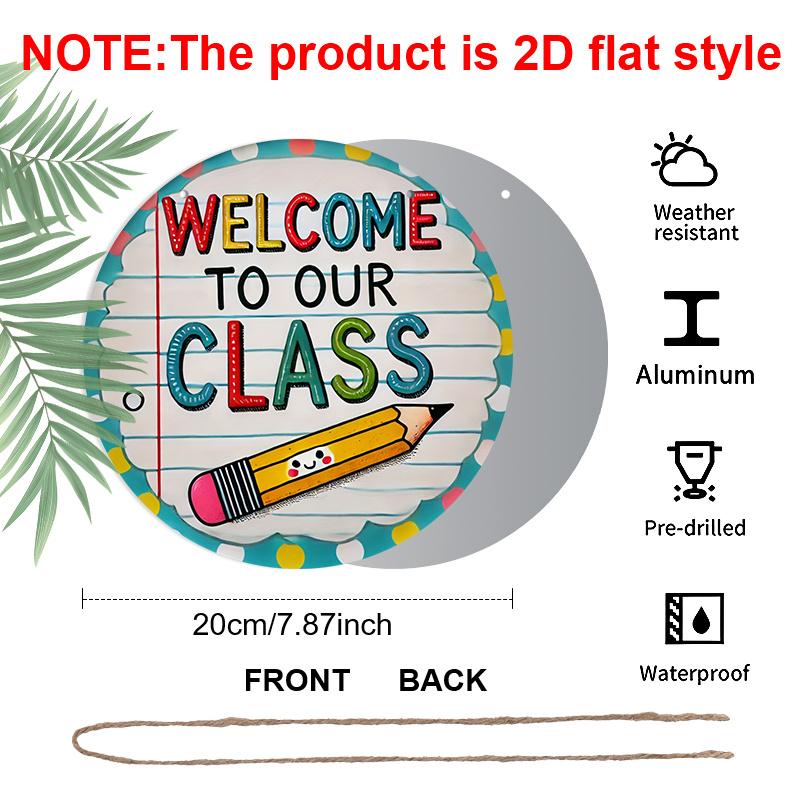 Plat 2D, 1 pièce Panneau Rond en Aluminium « Bienvenue Dans Notre Classe », Design Mignon Smiley Crayon & Carnet, Décoration Murale de Salle de Classe à Pois Vifs, Imperméable