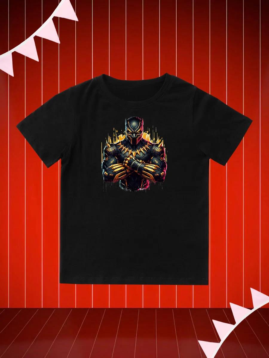 Round Neck Printed Pattern Pullover Short Sleeve Kids Tops Black Panther 130