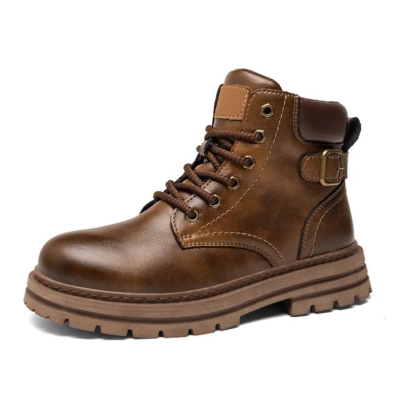 

Fashion High Quality Men Round Toe Boots Classic Casual Leather Outdoor Thick Bottom Designer Ankle Boot British Anti Slip High Top Shoe 45 коричневый