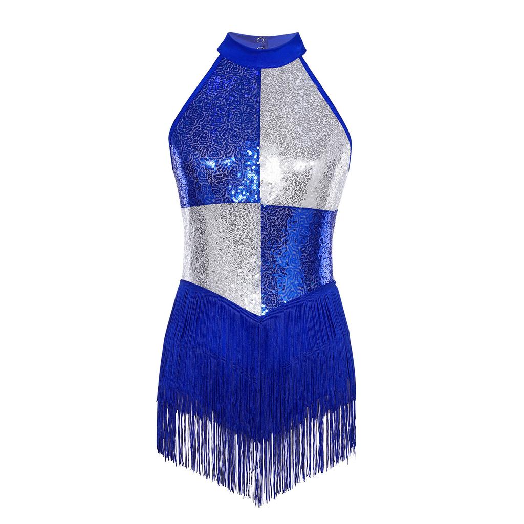 Womens Latin Dance Costume Sleeveless Backless Color Block Design Shiny Sequins Tassels Leotard