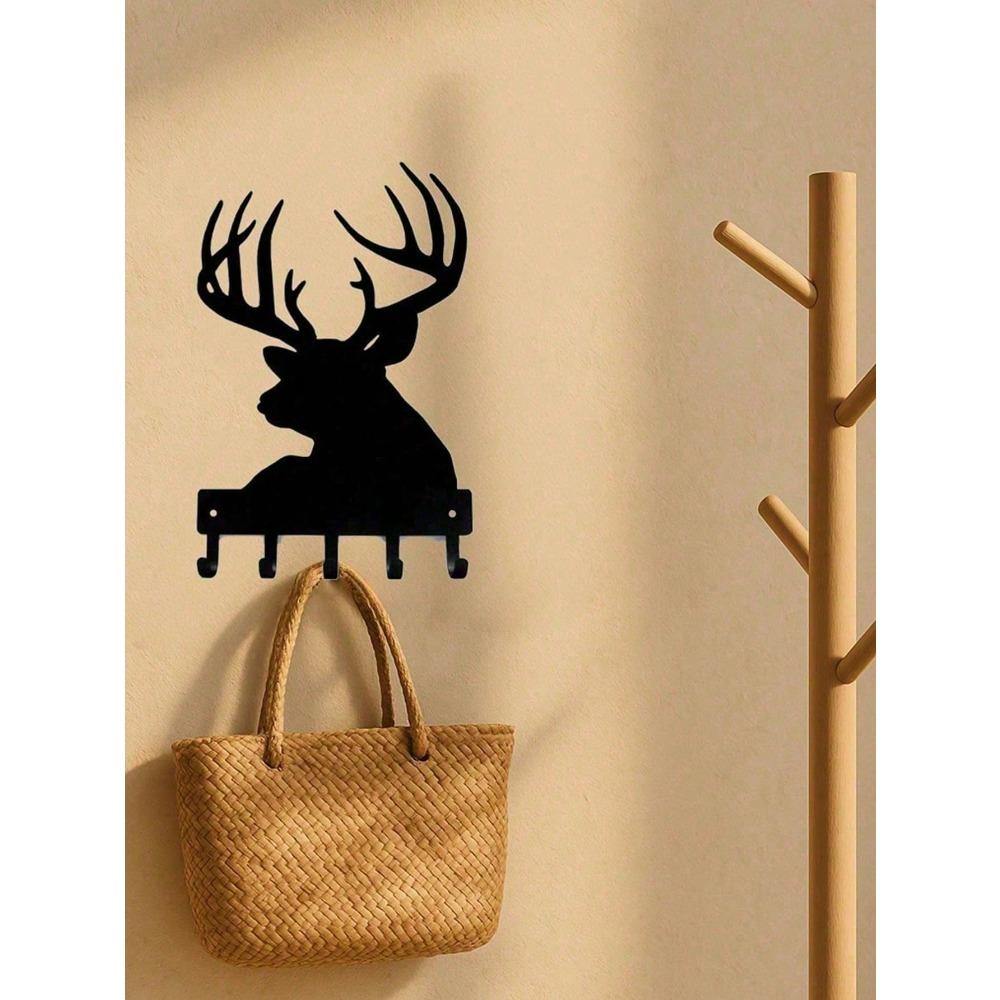Black Metal Vintage Wall Mounted Coat Rack with Shelf Farmhouse Entryway Organizer Wooden Antelope Hooks Hallway Living Room Decor