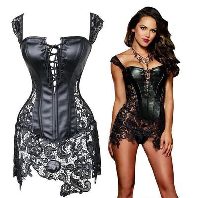 Mode Vrouwen Korset Met String Sexy Kunstleer Zwart Kant Taille Shaper Bustier Plus Size GZW