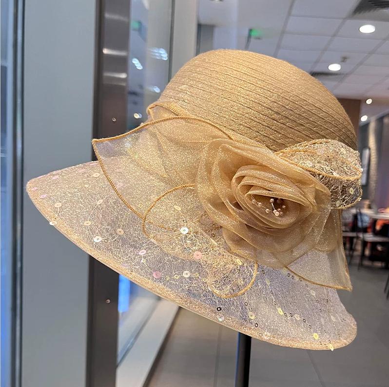 Ladies Summer Lace Breathable Sun Hat Korean Style Mesh Flower Pot Hat Fashionable All-Match Curly Edge Gift Hat