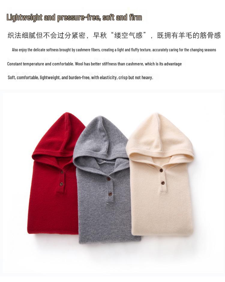 Women's Pure Wool Hooded Sweater - Thick, Loose, Casual Base Layer for Autumn/Winter
