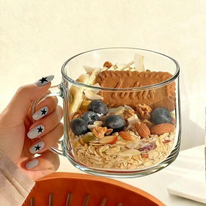 Large Transparent Glass Oatmeal Bowl & Tea Cup for Home Use - Microwave Safe Transparent Pure Color
