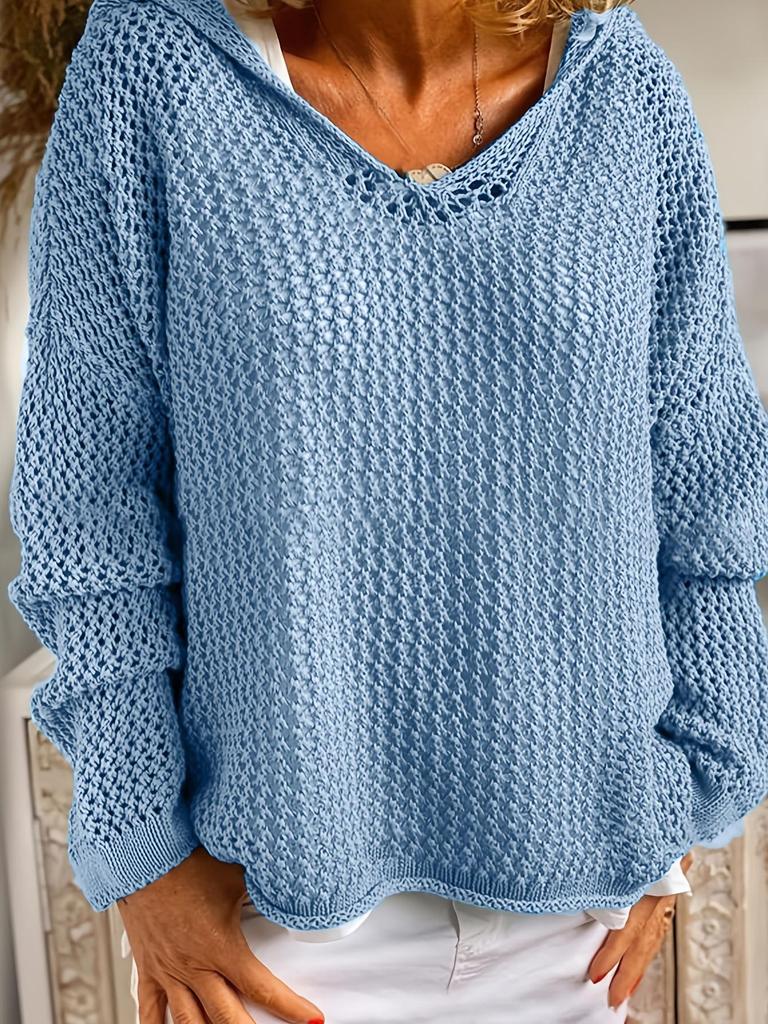 Women's Light Gray Hooded Knitted Sweater with Hollow Weave V Neck, Multiple Colors