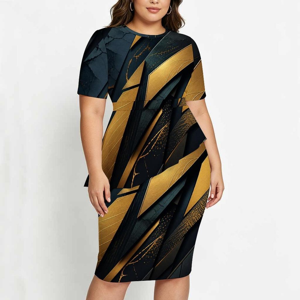 Women Plus Size Halloween Printed Round Neck Short Sleeve Asymmetric Top Fitted Skirt Two Piece Set