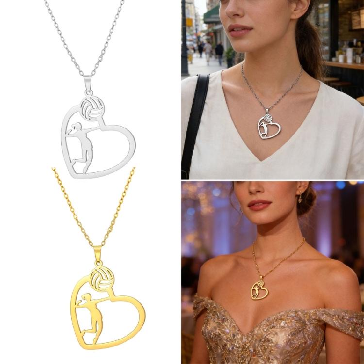 Lightweight Stainless Steel Necklace With Athletic Volleyball Pose And Heart Pendant Neck Chain For Women And Men