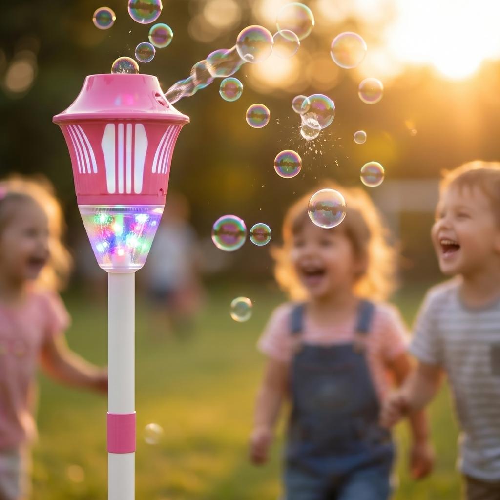 Outdoor Bubble Machine with Sound and Light Effects Standing Bubble Blower Includes 140ml Bubble Solution for Kids Entertainment and Parties