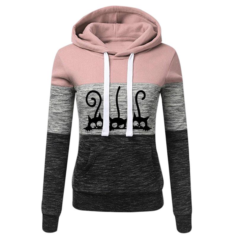 

Милый кот Женская флисовая толстовка с длинным рукавом и капюшоном Приталенная толстовка Осень Зима Теплая Женская Повседневная С цветными вставками Для улицы Пуловер S розовый