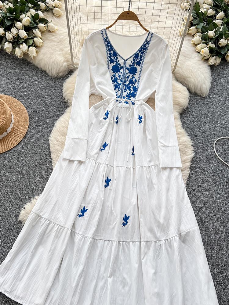 Women Spring Autumn Dress Retro Embroidered V-neck Strap Waist French Elegant Long Sleeve Grand Swing Long Dress