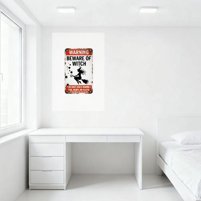 Vintage Weathered Warning Witch Tin Sign - Beware of Witch Halloween Home Decor with Bullet Holes, Rusty Edges, 'YOU HAVE BEEN W