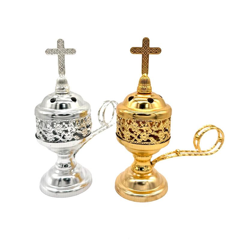 Vintage Metal Cross Incense Burner Indoor Sandalwood Burner Hollow Charcoal Incense Burner Ornament Home Church Decoration